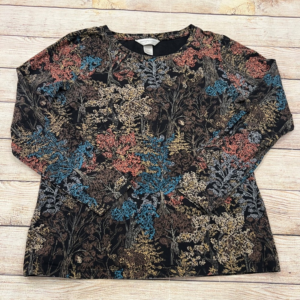 Christopher & Banks Petite Long Sleeve Tree Black Multi Colored Top‎ Size PS